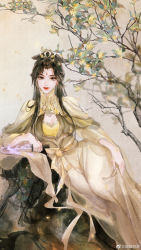 Rule 34 | 1girl, absurdres, artist request, brown hair, cleavage cutout, clothing cutout, collared dress, dagger, dress, glowing, glowing weapon, hair bun, hair ornament, hand on own thigh, highres, jin pinger (zhu xian), knife, long hair, rock, sash, second-party source, sitting, smile, solo, weapon, yellow dress, zhu xian