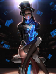 Rule 34 | 1girl, arm support, auditorium, backlighting, card, dark-skinned female, dark background, dark skin, finger to mouth, gloves, hat, liang xing, looking at viewer, magician symmetra, mechanical arms, mole, mole under mouth, official alternate costume, overwatch, overwatch 1, parted lips, single mechanical arm, sitting, solo, symmetra (overwatch), thighhighs, top hat, white gloves