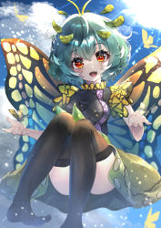 Rule 34 | 1girl, :d, absurdres, antennae, aqua hair, black thighhighs, blue sky, butterfly wings, cloud, dfra, eternity larva, fang, full body, highres, insect wings, leaf, leaf on head, light particles, light rays, looking at viewer, open mouth, outdoors, red eyes, short hair, short sleeves, skin fang, sky, smile, solo, sun, thighhighs, touhou, wings