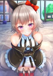 Rule 34 | 1girl, animal ears, arms behind back, blurry, blurry background, blush, breasts, commentary request, curren chan (umamusume), grin, headband, highres, horse ears, horse girl, horse tail, looking at viewer, medium breasts, ribbon, shiinyan, short hair, silver hair, smile, solo, tail, umamusume