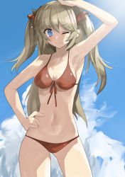 Rule 34 | 1girl, absurdres, bikini, blue eyes, blue sky, breasts, brown hair, cloud, collarbone, contrapposto, day, front-tie top, hand on own hip, highres, long hair, looking at viewer, mariel (p&amp;d), navel, one eye closed, puzzle &amp; dragons, red bikini, side-tie bikini bottom, sky, small breasts, solo, standing, swimsuit, two side up, yogukasu
