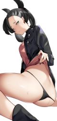 Rule 34 | 1girl, ass, asymmetrical bangs, black choker, black footwear, black jacket, black nails, black panties, blush, breasts, choker, closed mouth, clothes lift, creatures (company), dress, dress lift, earrings, from behind, game freak, green eyes, highres, jacket, jewelry, lifting own clothes, looking at viewer, looking back, marnie (pokemon), nail polish, nintendo, panties, pink dress, pokemon, pokemon swsh, short dress, simple background, sitting, solo, sweat, sweatdrop, thighs, thong, twintails, two side up, underwear, white background, yuuyuu (yuuki1771)
