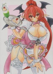 Rule 34 | 1girl, alternate costume, alternate hairstyle, bat wings, border, breasts, cleavage, curvy, enmaided, female focus, garter straps, head wings, koakuma, large breasts, leaning forward, long hair, maid, marker (medium), pink background, red hair, simple background, smile, solo, thighhighs, touhou, traditional media, uneven eyes, very long hair, white border, white thighhighs, wings, wrist cuffs, yutakasan-love