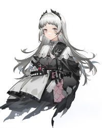 Rule 34 | 1girl, absurdres, amo (amo9612), arknights, armored skirt, backlighting, black dress, capelet, closed mouth, cowboy shot, cropped legs, cross, cross earrings, dress, earrings, grey eyes, grey hair, gun, highres, holstered, irene (arknights), jewelry, long hair, looking at viewer, simple background, solo, weapon, white background, wind, wind lift