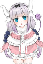 Rule 34 | 10s, 1girl, beads, blue eyes, blunt bangs, blush, bow, capelet, commentary request, dragon girl, dragon horns, dress, hair beads, hair ornament, hairband, hashiko nowoto, highres, horns, kanna kamui, kobayashi-san chi no maidragon, long hair, looking at viewer, solo, tail, thighhighs, twintails, white thighhighs