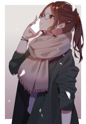 Rule 34 | 1girl, blush, brown eyes, brown hair, cellphone, glasses, gradient background, grey background, highres, holding, holding phone, kisui (28992125), looking up, mole, mole under eye, original, phone, ponytail, round eyewear, scarf, simple background, smartphone, talking on phone