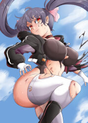 Rule 34 | 1girl, absurdres, black jacket, black leotard, breasts, bruise, closed mouth, commentary request, day, fingerless gloves, from below, gloves, grey hair, highres, injury, jacket, large breasts, leotard, long hair, looking at viewer, looking down, navel, orange hair, original, outdoors, ryona, solo, suga leon, thighhighs, torn clothes, torn jacket, torn leotard, torn thighhighs, twintails, white gloves, white thighhighs