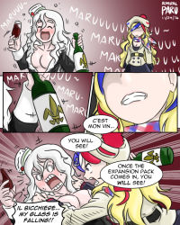 Rule 34 | 10s, 2girls, :d, ^ ^, admiral paru, alcohol, alternate costume, anchor hair ornament, artist name, bilingual, blonde hair, blush, bottle, breasts, civilization (series), civilization vi, cleavage, clenched teeth, closed eyes, collarbone, comic, commandant teste (kancolle), commentary, crossover, cup, curly hair, dated, drinking glass, drunk, english text, fleur-de-lis, french text, hair ornament, hat, headgear, holding, italian text, kantai collection, long hair, mixed-language text, multicolored hair, multiple girls, open mouth, pola (kancolle), scarf, silver hair, smile, sweat, teeth, translation request, wine, wine bottle, wine glass