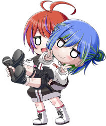 Rule 34 | 2girls, :d, akane canna, antenna hair, belt, black belt, black footwear, black jacket, black shorts, blank eyes, blue hair, blush, boots, carrying, carrying person, clothes writing, commentary request, double bun, double v, full body, green hair, hair between eyes, hair bun, holding, holding microphone, jacket, long sleeves, looking at viewer, medium bangs, microphone, miso panda, mole, mole under eye, multicolored hair, multiple girls, nanashi inc., open mouth, purple hair, red hair, shirt, shoes, short hair, shorts, simple background, smile, socks, split mouth, standing, streaked hair, suzumi nemo, two-tone hair, v, virtual youtuber, white background, white footwear, white jacket, white shirt, white socks