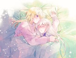 Rule 34 | 2girls, ;), ahoge, amano soraha, arm up, assault lily, bed sheet, blanket, blonde hair, blush, chin rest, closed eyes, closed mouth, egawa kusumi, grey hair, hair between eyes, hand on another&#039;s back, hand on another&#039;s chest, hand up, hands up, head on head, head rest, heads together, highres, jewelry, light particles, long hair, long sleeves, low ponytail, lying, multiple girls, on side, one eye closed, parted lips, pillow, pink sweater, ponytail, purple shirt, ring, shirt, side-by-side, sleeping, smile, sorato (astllatte), sweater, under covers, upper body, very long hair, yuri