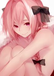 1boy astolfo_(fate) bare_arms bare_legs bare_pectorals bare_shoulders black_bow blush bow braid cloak closed_mouth eyebrows fang fate/apocrypha fate/grand_order fate_(series) fur-trimmed_cloak fur_trim hair_bow hair_intakes happy jingle23 long_braid long_hair looking_at_viewer male_focus multicolored_hair nude pectorals pink_hair purple_eyes red_cloak simple_background single_braid smile solo streaked_hair thighhighs trap upper_body white_background