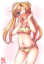 Rule 34 | 1girl, abukuma (kancolle), artist logo, blonde hair, blue eyes, blush, bra, breasts, cinderella bust, collarbone, commentary request, cowboy shot, dated, double bun, hair between eyes, hair rings, heart, heart-shaped pupils, highres, kanon (kurogane knights), kantai collection, lingerie, long hair, looking at viewer, navel, one eye closed, panties, sexually suggestive, signature, simple background, small breasts, solo, standing, suggestive fluid, sweatdrop, symbol-shaped pupils, underwear, underwear only, white background, yellow bra, yellow panties