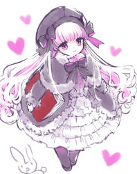 Rule 34 | 10s, 1girl, book, rabbit, capelet, dress, fate/extra, fate/grand order, fate (series), frills, hat, heart, long hair, nursery rhyme (fate), purple eyes, purple hair, ribbon, smile
