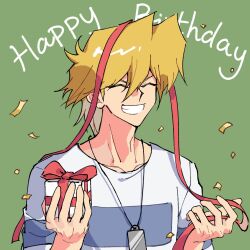 Rule 34 | 1boy, blonde hair, closed eyes, confetti, gift, green background, grin, hands up, happy, happy birthday, highres, holding, holding gift, holding ribbon, jewelry, jonouchi katsuya, male focus, necklace, ribbon, shirt, short hair, smile, solo, streamers, t-shirt, tt (joesther3), upper body, white shirt, yu-gi-oh!, yu-gi-oh! duel monsters