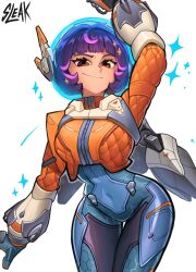 1girl blue_bodysuit bodysuit breasts brown_eyes cyber_fashion gloves helmet highres jacket jetpack juno_(overwatch) looking_at_viewer multicolored_hair orange_jacket overwatch overwatch_2 pink_hair purple_hair short_hair sleak smile solo space_helmet spacesuit