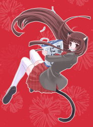 Rule 34 | 1girl, animal ears, blazer, blunt bangs, blush, brown eyes, brown hair, cat ears, cat tail, falling, fish, from side, full body, holding, jacket, koshikawa guu, long hair, mouth hold, original, outline, plaid, plaid skirt, pleated skirt, red background, red skirt, school uniform, shoes, skirt, solo, tail, thighhighs, unmoving pattern, very long hair, white thighhighs