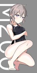 Rule 34 | 1girl, aiuti, barefoot, black one-piece swimsuit, breasts, character name, collarbone, commentary request, competition swimsuit, expressionless, girls&#039; frontline, grey background, grey eyes, highleg, highleg leotard, highres, leotard, long hair, looking at viewer, low ponytail, m200 (girls&#039; frontline), one-piece swimsuit, ponytail, sidelocks, silver hair, small breasts, solo, squatting, swimsuit