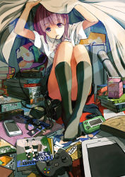 Rule 34 | 1girl, black socks, book, cellphone, controller, food, fujita (condor), game controller, highres, kneehighs, looking at viewer, mouth hold, no shoes, original, phone, pink eyes, pink hair, pocky, shirt, short hair, short sleeves, socks, solo