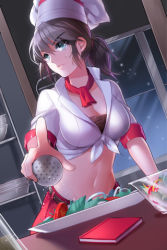 Rule 34 | 1girl, aile (crossroads), belt, black hair, book, breasts, chef hat, cleavage, dutch angle, front-tie top, frown, green eyes, hat, holding, large breasts, long hair, lowres, midriff, navel, pointing, salt shaker, shirt, sleeves rolled up, solo, standing, sword girls, tied shirt, twintails
