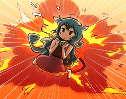 Rule 34 | 1girl, 71, animal ears, bare shoulders, bell, blank stare, blue hair, cat ears, clenched hands, collar, dress, emphasis lines, explosion, fire, full body, jewelry, jitome, jumping, long hair, looking at viewer, neck bell, necklace, orange background, pendant, red dress, red eyes, simple background, solo