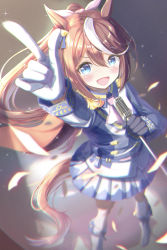 Rule 34 | 1girl, :d, absurdres, animal ears, arm up, ascot, asymmetrical gloves, black gloves, blue eyes, blue jacket, blush, brown hair, color pro, commentary, confetti, epaulettes, foot out of frame, from above, gloves, hair between eyes, hair ribbon, highres, holding, holding microphone stand, horse ears, horse girl, horse tail, huge filesize, jacket, long hair, long sleeves, looking at viewer, microphone stand, mismatched gloves, multicolored hair, open mouth, pink ascot, pink ribbon, pleated skirt, ponytail, ribbon, single epaulette, skirt, smile, solo, streaked hair, tail, tokai teio (umamusume), umamusume, white gloves, white hair, white skirt