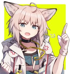 Rule 34 | 1girl, ahoge, angry, animal ears, arknights, black collar, blue eyes, border, cloak, collar, commentary, cross, fox ears, fox girl, gloves, green shirt, highres, id card, lanyard, light brown hair, material growth, open cloak, open clothes, open mouth, oripathy lesion (arknights), outside border, red cross, ryota tentei, shirt, short hair, simple background, solo, sussurro (arknights), sweat, teeth, twitter username, upper body, upper teeth only, white cloak, white gloves, yellow background