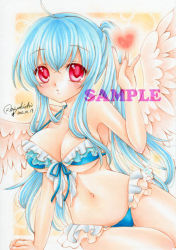 Rule 34 | 10s, 1girl, 2012, ahoge, arm support, bikini, bird wings, blue bikini, blue hair, blush, breasts, dated, frilled bikini, frills, front-tie bikini top, front-tie top, heart, long hair, looking at viewer, marker (medium), mocomoco party, original, parted lips, red eyes, sample watermark, signature, solo, swimsuit, traditional media, twintails, watermark, wings