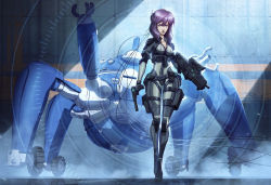 Rule 34 | 1girl, absurdres, bodysuit, bullpup, cable, colinsearle, commentary, cyberpunk, cyborg, czn-m22, english commentary, ghost in the shell, gun, handgun, highres, kusanagi motoko, long hair, looking at viewer, machinery, mecha, non-humanoid robot, purple hair, robot, science fiction, serious, submachine gun, suppressor, tachikoma, walker (robot), weapon, wheel