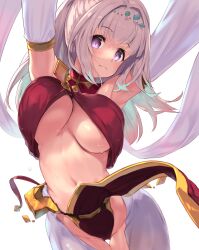 Rule 34 | 1girl, absurdres, arabian clothes, blush, bouncing breasts, breasts, detached sleeves, gold, hands out of frame, highres, kirikawa ikumu, large breasts, long hair, looking at viewer, navel, original, purple eyes, smile, sweat, veil, white background, white hair