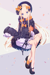 Rule 34 | 1girl, abigail williams (fate), black bow, black dress, black footwear, black hat, blonde hair, bloomers, blue eyes, bow, bug, butterfly, commentary request, dress, fate/grand order, fate (series), forehead, hair bow, hat, head tilt, highres, hugging object, insect, long hair, long sleeves, looking at viewer, mary janes, orange bow, parted bangs, parted lips, polka dot, polka dot bow, shoes, sitting, sleeves past fingers, sleeves past wrists, solo, stuffed animal, stuffed toy, teddy bear, tsuru ringo, underwear, very long hair, white bloomers