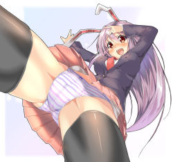 Rule 34 | 1girl, :d, animal ears, black thighhighs, blazer, blush, breasts, cameltoe, female focus, from below, happy, jacket, kantoku (style), light purple hair, long hair, looking at viewer, looking down, medium breasts, necktie, nose blush, open mouth, outstretched arms, panties, pantyshot, piromizu, pleated skirt, purple hair, pussy, rabbit ears, red eyes, red necktie, reisen udongein inaba, shiny clothes, shiny skin, shirt, simple background, skirt, smile, solo, spread arms, spread legs, standing, straight hair, striped, thighhighs, touhou, underwear, upskirt, very long hair, white background, zettai ryouiki