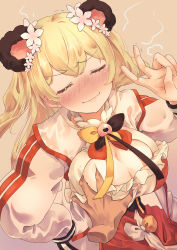 Rule 34 | 1girl, animal ears, bad id, bad twitter id, bear ears, blonde hair, blush, grabbing another&#039;s breast, breasts, cleavage, cleavage cutout, closed eyes, clothing cutout, double bun, flower, grabbing, hair between eyes, hair bun, hair flower, hair ornament, highres, hololive, long hair, looking at viewer, mochiyuki (gigfor1), momosuzu nene, open mouth, smile, solo, v, virtual youtuber