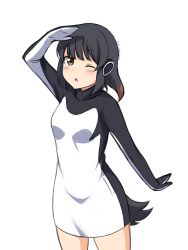 Rule 34 | 1girl, ;o, absurdres, adelie penguin (kemono friends), arm up, black hair, blunt bangs, brown eyes, commentary, cowboy shot, headphones, highres, kemono friends, long hair, looking at viewer, one eye closed, one eye covered, open mouth, shiraha maru, simple background, solo, tail, twitter username, white background