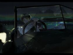 Rule 34 | 1girl, 2boys, annoyed, black hair, black vest, car, couple, driving, extra, face-to-face, hetero, kamon (mao), laughing, letterboxed, long sleeves, looking away, mao (takahashi rumiko), motor vehicle, multicolored hair, multiple boys, night, outstretched arm, roku (tsua-kihuyu), shirt, short hair, sideways glance, sky, solo focus, streaked hair, vest, white hair, white shirt