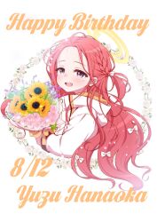 Rule 34 | 1girl, blue archive, blush, bouquet, bow, braid, character name, flower, forehead, hair bow, happy birthday, highres, holding, holding bouquet, jacket, long hair, long sleeves, looking at viewer, open mouth, purple eyes, red flower, red hair, red rose, rose, smile, solo, sunflower, tears, upper body, white bow, white jacket, wodaex, yuzu (blue archive)