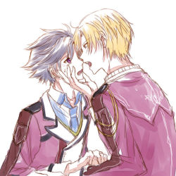 Rule 34 | 2boys, blonde hair, blue eyes, collar, eiyuu densetsu, face-to-face, falcom, hand on another&#039;s arm, hand on another&#039;s cheek, hand on another&#039;s face, jusis albarea, looking at another, male focus, military, military uniform, multiple boys, necktie, open mouth, profile, purple eyes, rean schwarzer, school uniform, sen no kiseki, shirt, short hair, simple background, spiked hair, sweat, sweatdrop, uniform, white background, wing collar, yaoi