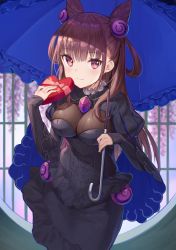 Rule 34 | 1girl, black dress, blue umbrella, blush, breasts, brown hair, closed mouth, commentary request, cone hair bun, dress, fate/grand order, fate (series), frilled umbrella, frills, gem, hair between eyes, hair bun, hair ornament, highres, holding, holding umbrella, juliet sleeves, large breasts, long hair, long sleeves, mokew, murasaki shikibu (fate), puffy sleeves, red eyes, sleeves past wrists, smile, solo, two side up, umbrella, very long hair, wide sleeves