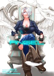 Rule 34 | 1girl, angel (kof), angel wings, artist name, blue eyes, boots, bra, breasts, cleavage, crossed legs, fingerless gloves, gloves, hair over one eye, highres, jacket, large breasts, legs, looking at viewer, midriff, short hair, sitting, smile, snk, solo, strapless, strapless bra, the king of fighters, thighs, toned, underwear, white hair, wings