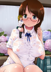 Rule 34 | 2girls, bag, bench, blonde hair, blush, breasts, brown hair, covered erect nipples, flower, glasses, green eyes, hand on another&#039;s cheek, hand on another&#039;s face, hydrangea, kozue akari, large breasts, mini person, minigirl, multiple girls, no bra, original, rain, school bag, school uniform, see-through, see-through silhouette, shirt, sitting, sitting on shoulder, size difference, skirt, wet, wet clothes, wet shirt