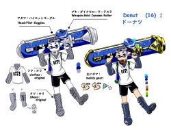 Rule 34 | 1boy, bike shorts, blue eyes, blue hair, boots, character name, character sheet, donut (zoza), doughnut, dynamo roller (splatoon), food, goggles, goggles on head, hair slicked back, holding, holding weapon, ink tank (splatoon), inkling, inkling boy, inkling player character, layered clothes, layered sleeves, long sleeves, looking at viewer, male focus, mars symbol, mouth hold, nintendo, over shoulder, partially colored, pointy ears, print shirt, scrunchie, shirt, short hair, short over long sleeves, short sleeves, simple background, single vertical stripe, splat bomb (splatoon), splatoon (series), splatoon 1, standing, t-shirt, tentacle hair, topknot, v-shaped eyebrows, weapon, white background, zoza