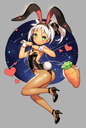 Rule 34 | 1girl, animal ears, ass, bare shoulders, blush, breasts, carrot, detached collar, echo (elsword), elsword, fake animal ears, fishnet pantyhose, fishnets, green eyes, heart, high heels, highres, kinjo kuromomo, looking at viewer, pantyhose, playboy bunny, ponytail, rabbit ears, rabbit tail, small breasts, solo, star-shaped pupils, star (symbol), symbol-shaped pupils, tail, white hair, wrist cuffs