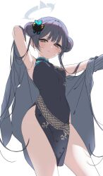 Rule 34 | 1girl, absurdres, arms up, black dress, black hair, blue archive, blush, breasts, butterfly hair ornament, china dress, chinese clothes, closed mouth, coat, double bun, dragon print, dress, grey eyes, hair bun, hair ornament, halo, highres, kisaki (blue archive), long hair, looking at viewer, myao (o3o333), open clothes, open coat, pelvic curtain, simple background, sketch, small breasts, solo, striped, striped coat, sweat, twintails, very long hair, white background