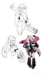 Rule 34 | 1girl, absurdres, alternate species, black dress, black eyes, black footwear, black jacket, blackpink, blonde hair, boots, detached pants, detached sleeves, drawstring, dress, full body, gun, hair behind ear, hand on own hip, highres, holding, holding gun, holding microphone, holding weapon, hood, hood down, jacket, jewelry, k-pop, lecrosade, lineart, long hair, long pointy ears, looking ahead, looking to the side, microphone, multiple views, necklace, nike (company), nike air force 1, nintendo, open mouth, pointy ears, real life, rose (blackpink), shoes, shorts, sitting, sleeves past wrists, smile, sneakers, splatoon (series), tentacle hair, very long hair, weapon, white background