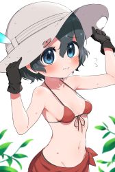 Rule 34 | 1girl, adjusting clothes, adjusting headwear, bikini, black gloves, black hair, blue eyes, blush, breasts, commentary request, flying sweatdrops, gloves, hat, highres, kaban (kemono friends), kemono friends, looking at viewer, medium breasts, micro bikini, navel, nervous smile, ransusan, short hair, simple background, smile, solo, sun hat, sweat, swimsuit, upper body, white background