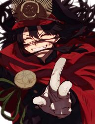 Rule 34 | 1girl, absurdres, beam107, black hair, black jacket, blurry, brooch, buttons, cape, closed eyes, depth of field, facing viewer, fate/grand order, fate (series), floating hair, gloves, grin, hair between eyes, hair over face, hat, highres, jacket, jewelry, long hair, military, military jacket, military uniform, oda nobunaga (fate), oda nobunaga (koha-ace), oda uri, outstretched arm, peaked cap, red cape, scratches, smile, solo, swept bangs, uniform, upper body, v-shaped eyebrows, w, white gloves