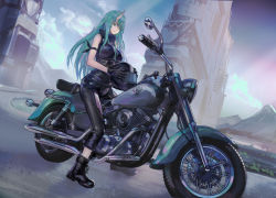 Rule 34 | 1girl, ankle boots, arknights, arm ribbon, bad id, bad pixiv id, bare arms, bare shoulders, black footwear, black gloves, black pants, black ribbon, black shirt, blue sky, boots, breasts, cloud, commentary request, denki, dutch angle, gloves, green eyes, green hair, helmet, high collar, holding, holding helmet, horns, hoshiguma (arknights), large breasts, long hair, looking at viewer, motor vehicle, motorcycle, motorcycle helmet, outdoors, pants, ribbon, shirt, single horn, sky, sleeveless, sleeveless shirt, smile, solo