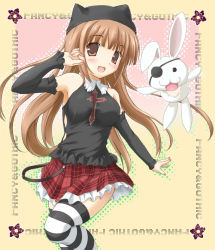 Rule 34 | 1girl, bad id, bad pixiv id, bare shoulders, blush, brown eyes, brown hair, cross, detached sleeves, hat, long hair, open mouth, rabbit, solo, striped clothes, striped thighhighs, thighhighs, utamaru (konomix), zettai ryouiki