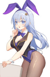 Rule 34 | 1girl, :o, animal ears, black vest, blue eyes, blue hair, breasts, date a live, fake animal ears, fake tail, highres, izayoi miku, large breasts, leotard, long hair, open mouth, playboy bunny, purple ribbon, rabbit ears, rabbit tail, ribbon, solo, tail, thighs, upper body, vest, wavy hair, wrist cuffs, yunweishukuang