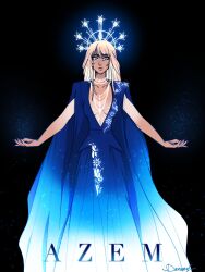 Rule 34 | azem (ff14), blonde hair, blue cape, blue dress, breasts, brown eyes, cape, cleavage, commentary, dane (daneari), dark-skinned female, dark skin, dress, english commentary, final fantasy, final fantasy xiv, frown, gradient dress, halo, highres, jewelry, long dress, medium breasts, multiple necklaces, necklace, outstretched arms, plunging neckline, signature