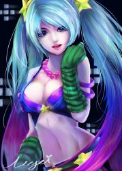 Rule 34 | 1girl, absurdres, arcade sona, blue eyes, blue hair, breasts, cleavage, fingerless gloves, gloves, green gloves, hair ornament, highres, jewelry, league of legends, long hair, looking at viewer, matching hair/eyes, midriff, navel, necklace, solo, sona (league of legends), todayxinchiday, twintails